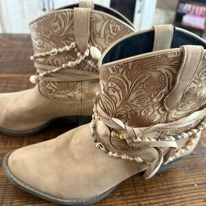 Dingo Beige Embroidered Ankle Boots with Beaded Details